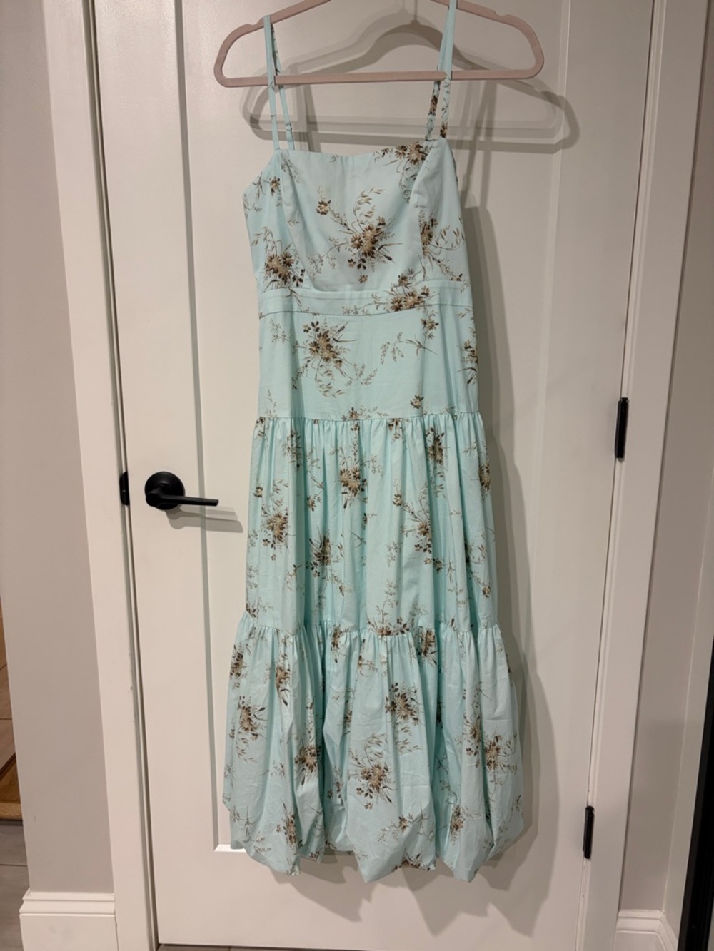 cinq a sept Mint Blue Floral Tiered Midi Dress with Brown Print